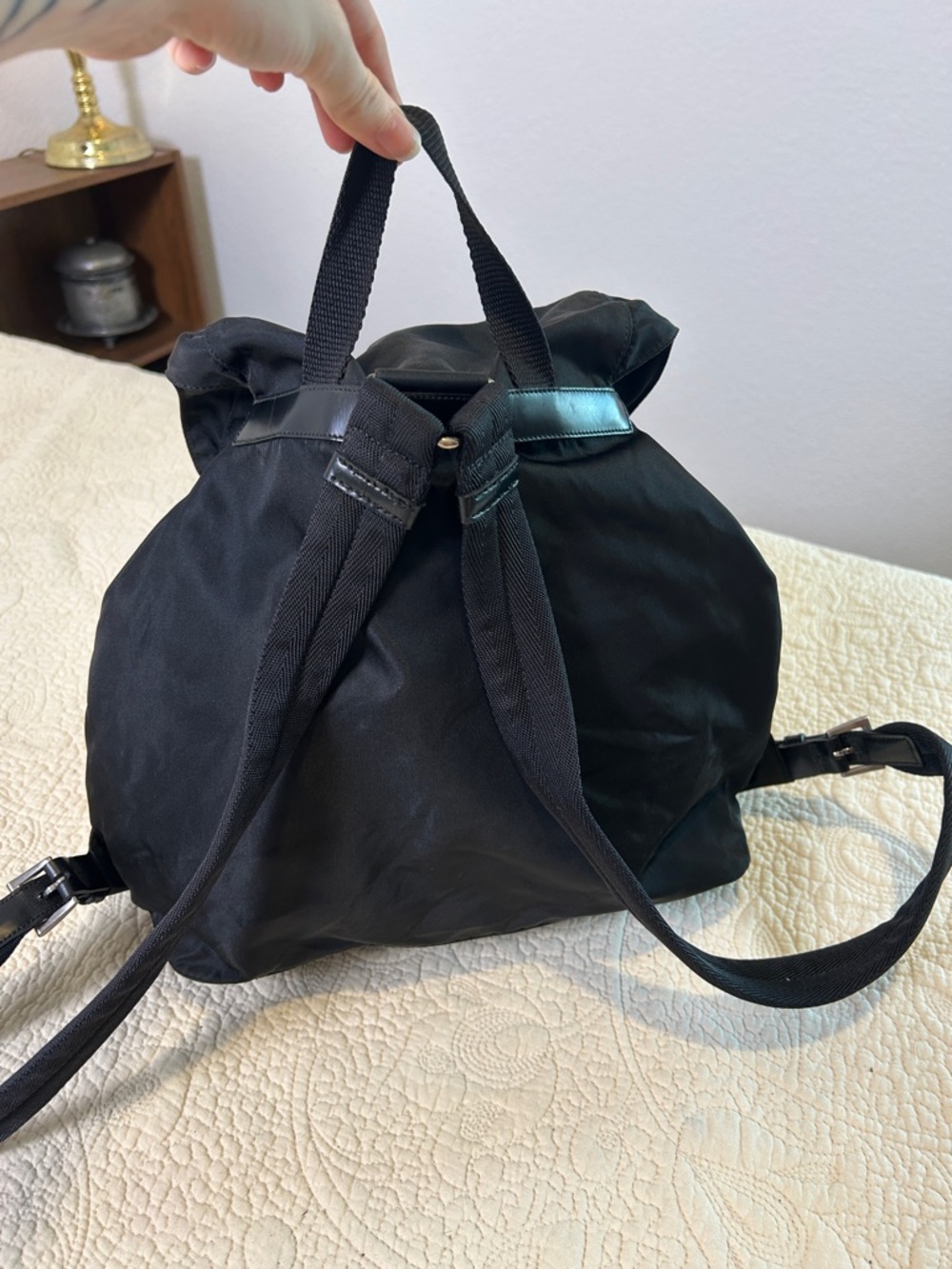 Prada Black Nylon Drawstring Backpack with Front Buckle Pockets - Picture 4 of 9
